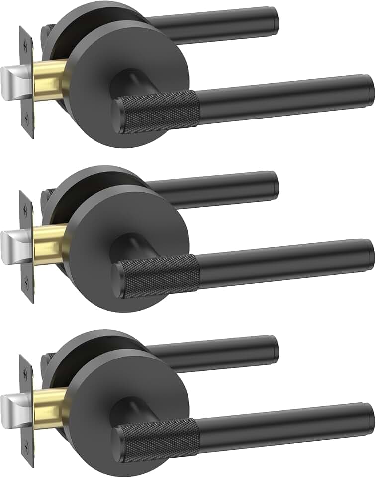 FILTA 3 Pack Black Door Handles Interior Passage Door Handle Knurled Keyless Door Levers Matte Black Handle for Bathroom Bedroom Heavy Duty Door Knob