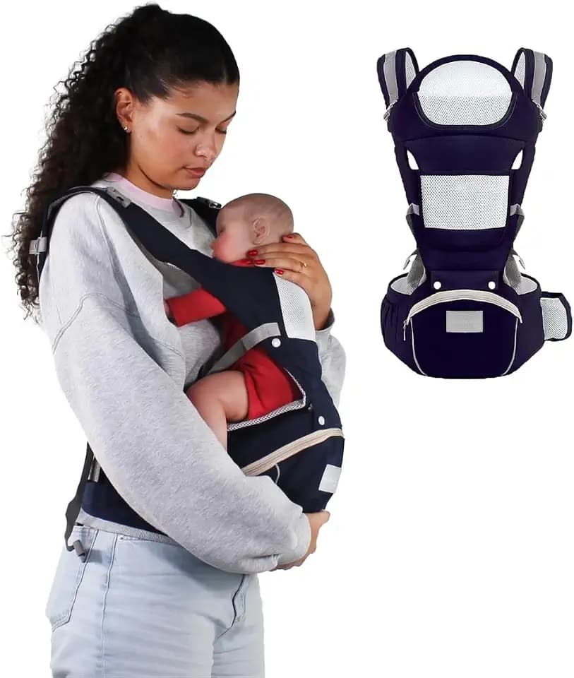 Mobiclinic® kids, Babytrage, 6 in 1, Moley, Mehrpositionale, Faltbar, Reißverschlusstasche, Flaschenhalter, Weiches premium-baumwolle, 0-36 monate, Für neugeborene und kinder (marineblau)