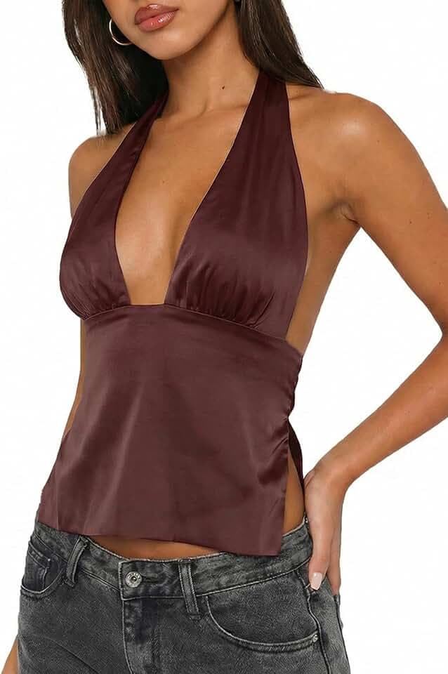 UNCOOYEE Womens Sexy Deep V Neck Halter Tops Backless Tie Y2k Going Out Top