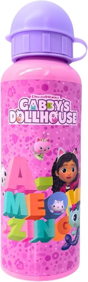 Gabby's Doll House Flasche Wiederverwendbare, Pandy Paws Mercat und DJ Catnip Wasserflasche im Aluminium für Mädchen, Reiseflasche, Fassungsvermögen 500 ml | Lila, GBD-6399