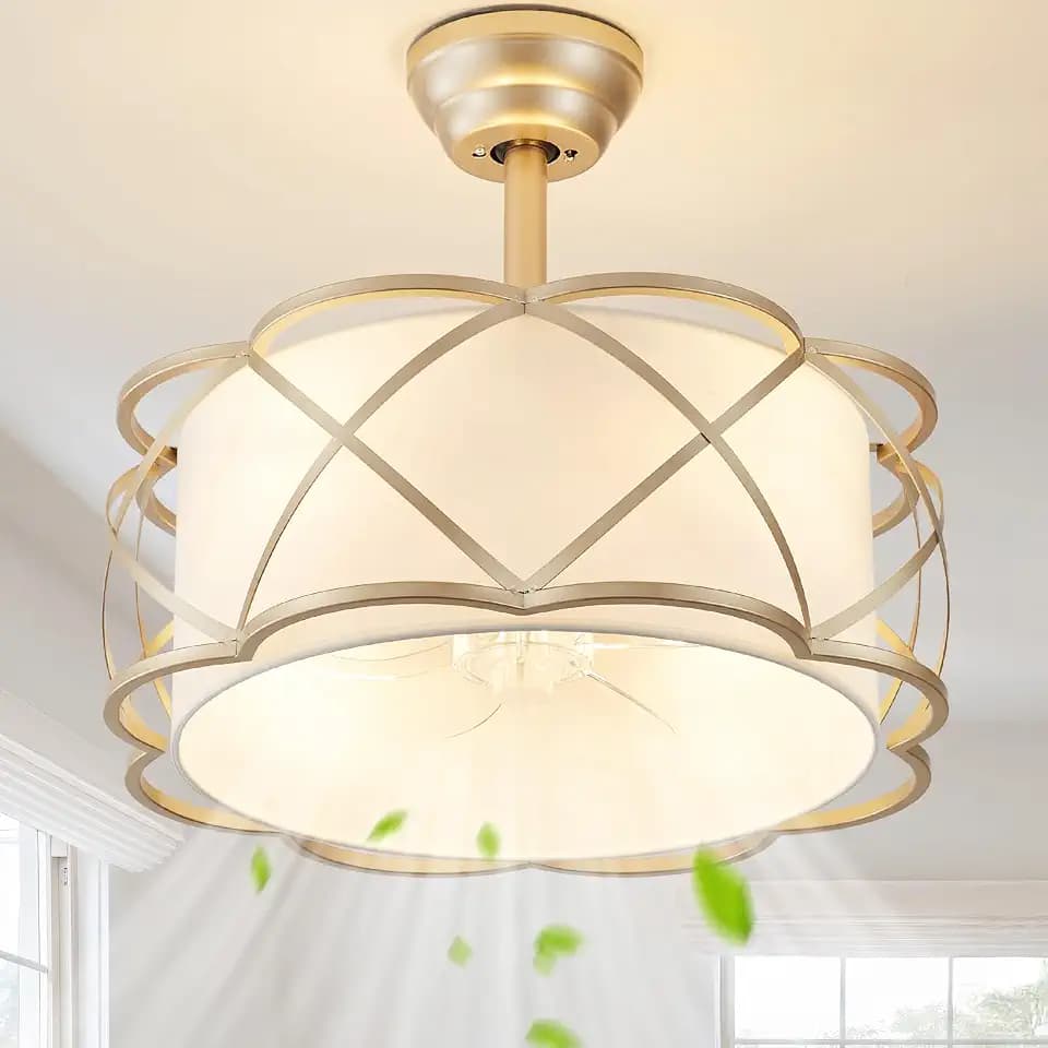 SYDACG 20" Gold Fandelier Ceiling Fan with Light, Fabric Boho Chandelier Ceiling Fans with Lights Remote Control, Mid-Century Modern Caged with 6 Speeds for Bedroom, Nursery