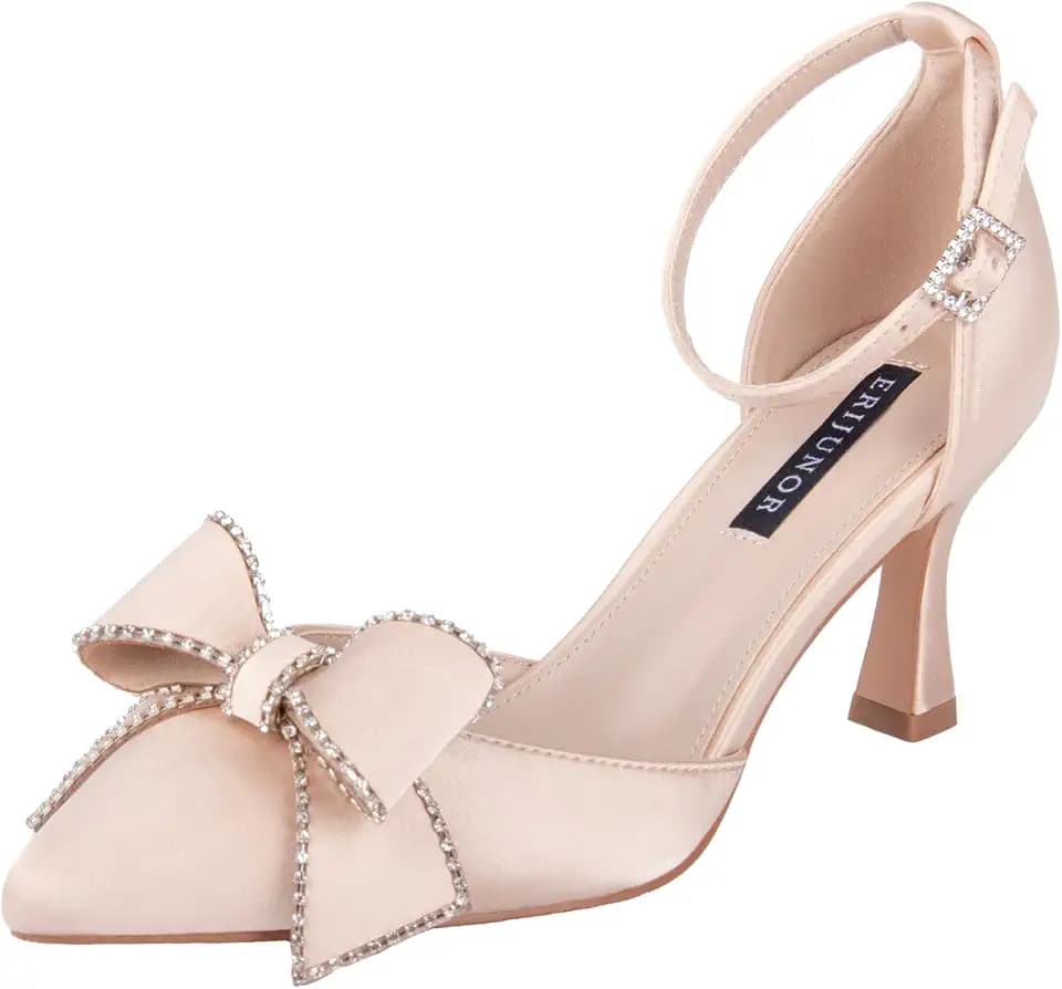 ERIJUNOR Garden Wedding Party Shoes Comfortable Mid Heels Pumps with Bow Knot Ankle Strap Wide Width Satin Shoes