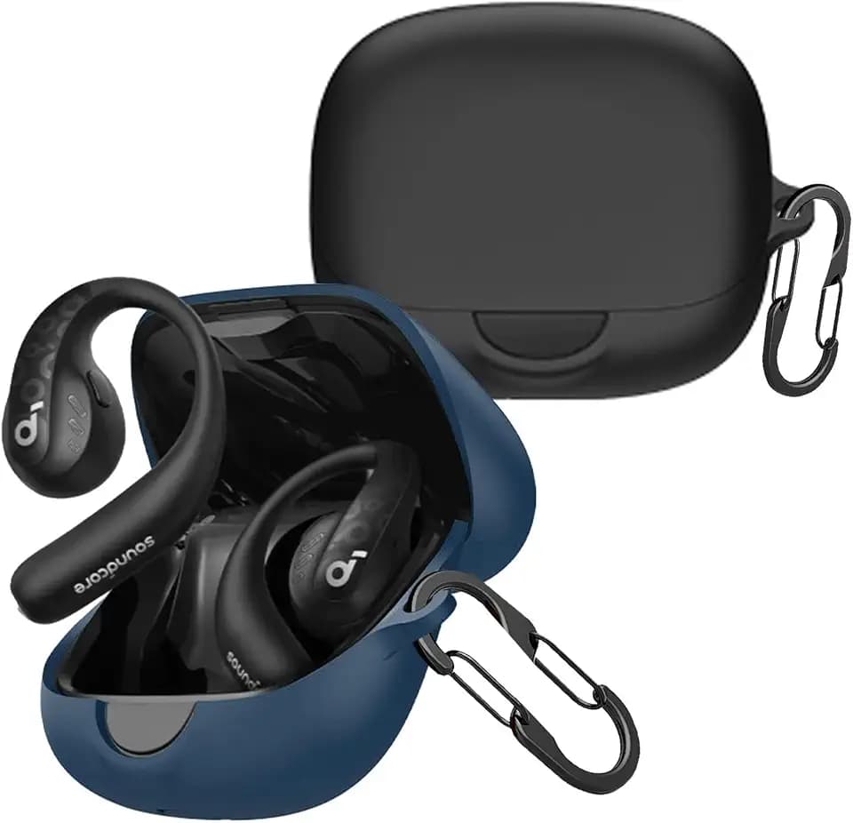[2 Pack] easyBee Case Compatible with Soundcore AeroFit Pro Open-Ear Bluetooth Headphone Charging Cover with 2 Keychain, Soft Liquid Silicone Ultra Thin Shockproof Protective Kit - Black and Blue