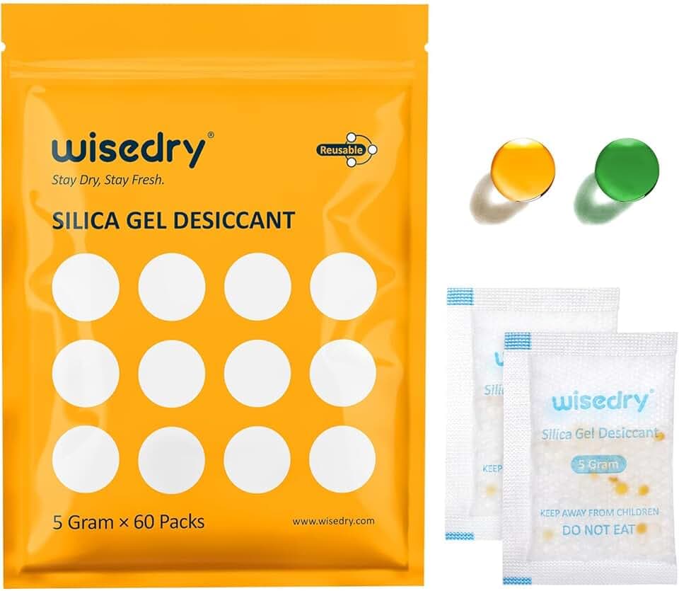 wisedry Silica Gel Sachets Beutel Trockenmittel 5 Gramm [60 PACKS] mit orangefarbenen Perlen Feuchtigkeitsindikator Feuchtigkeitsabsorber für Lufttrockner Feuchtigkeitsentfernung, Lebensmittelqualität