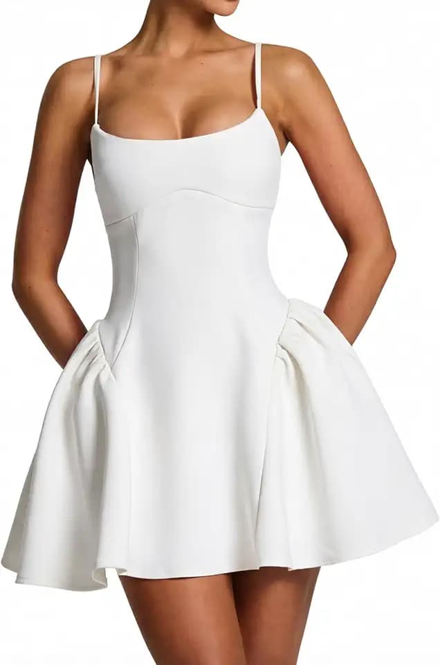 Women's Spaghetti Strap Backless Square Neck A Line Mini Dress Fit and Flare Wedding Guest Short Dresses