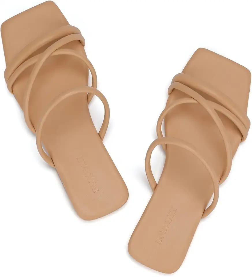 DOBOLIN Women's Flat Sandals Strappy Square Open Toe Slide Sandals Dressy Comfortable Wide Feet Friendly