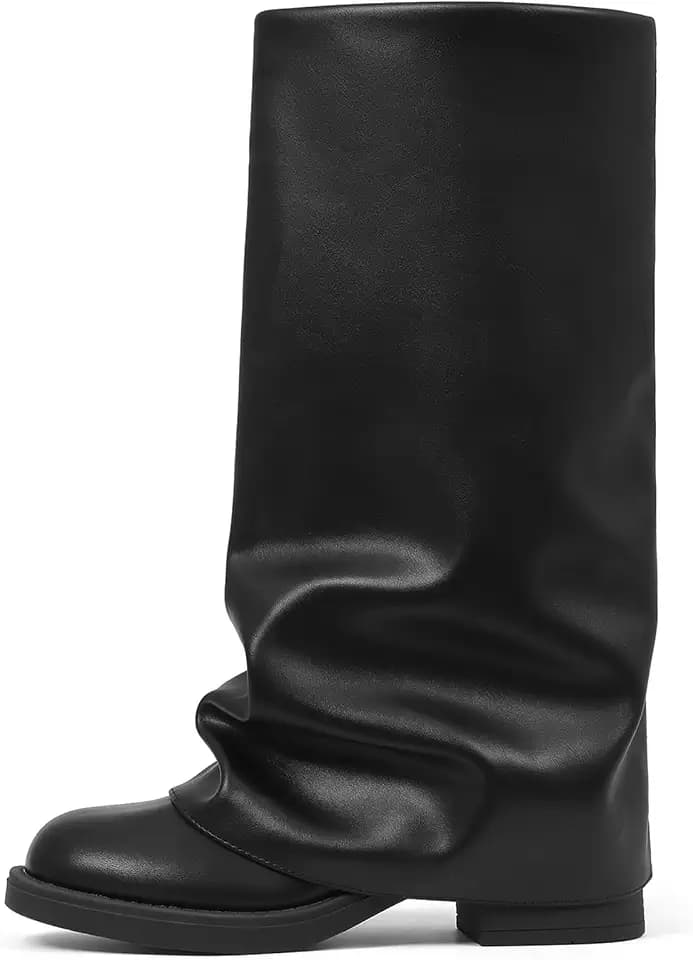 femflame Black Boots Slouchy Women Fold Over Boots Riding Mid Calf Winter