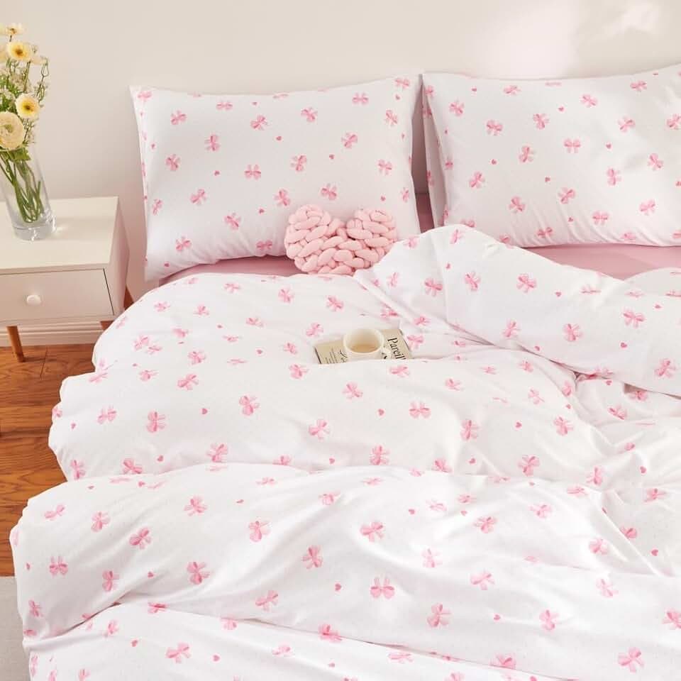 Bettwäsche 135x200 Weiß mit Rosa Schleifen Herzen Mädchen Kinder