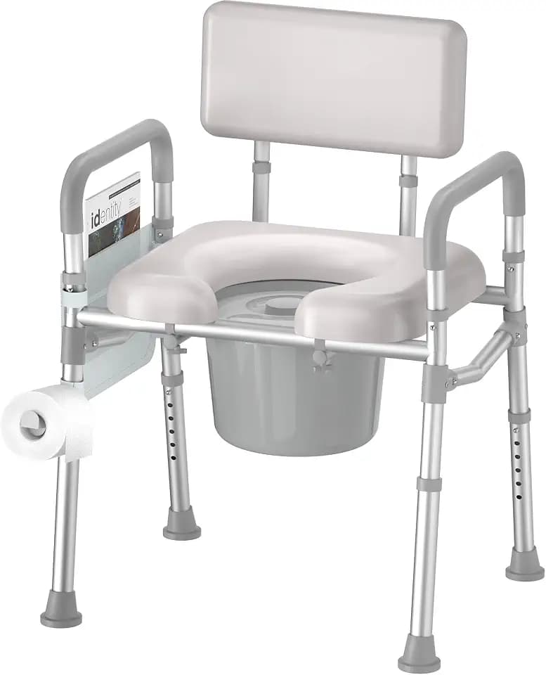 soundfuse Bedside Commode Toilet, Padded Seat and Backrest, Aluminum Frame