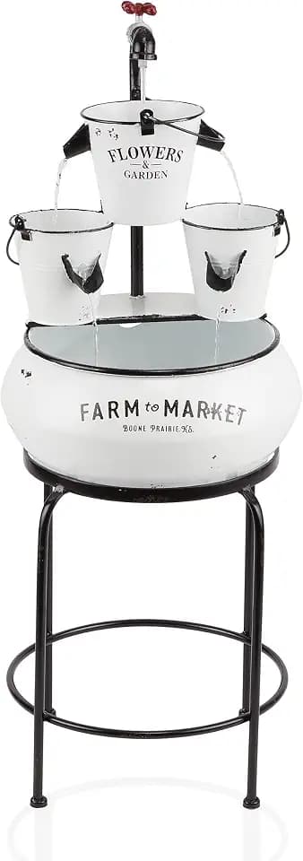 Alpine Corporation YHL424 36” Outdoor Floor Buckets with Faucet Water Fountain – Vintage Buckets Garden Water Feature, Charming Outdoor Fountain for Patio & Yard, White