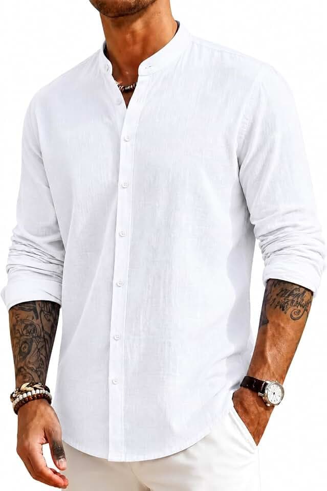Mens Linen Band Collar Beach Shirts Casual Button Down Solid Plain Long Sleeve Hawaiian Shirts