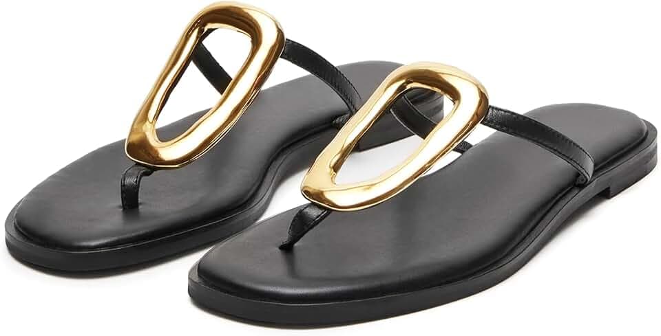 Wnshonzy Flip-Flops for Women Thong Sandals Flat Slip on Slides Beach Comfort Open Square Toe Ladies Slipper Dressy Metal Hardware Decoration Summer Shoes Casual Fashion