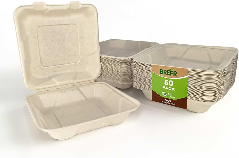 50 Pack 8x8 Inch Compostable Clamshell Takeout Containers, Biodegradable To Go Boxes – Heavy Duty Disposable Food Containers Made of Sugarcane Bagasse, For Restaurant, Cafe, Food Truck