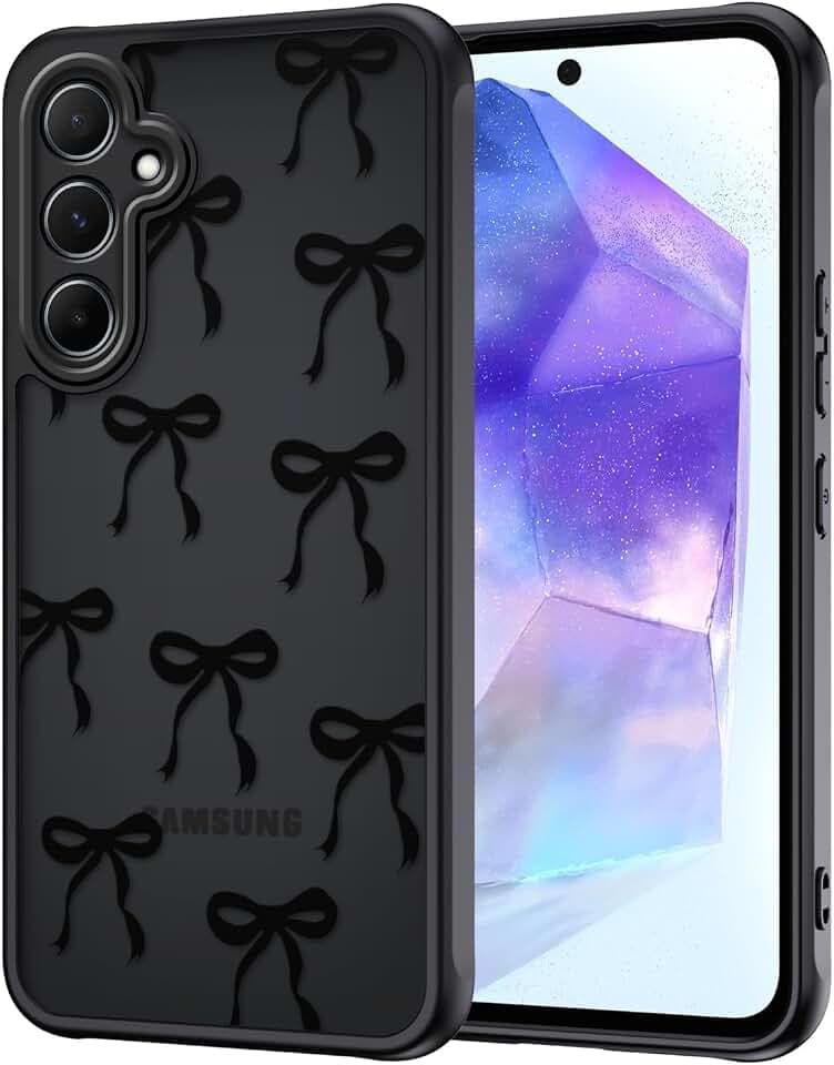Handy Hülle für Samsung Galaxy A55 5G mit Vollständiger Kameraschutz, Aesthetic Motiv Schleifen Muster Handyhülle Anti-Fingerabdruck Matt Transluzente Rückseite Stoßfest Kratzfest Case, Schwarz