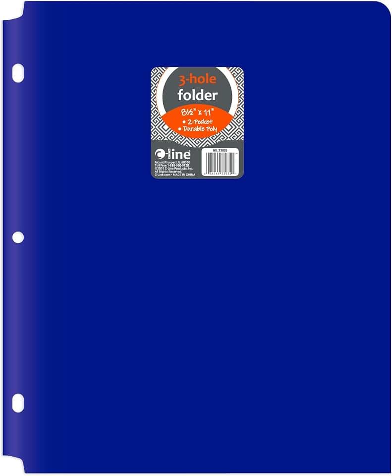 C-Line 2-Pocket Poly Folder, 8-1/2 x 11, Blue, 3-Hole Punch (33935)