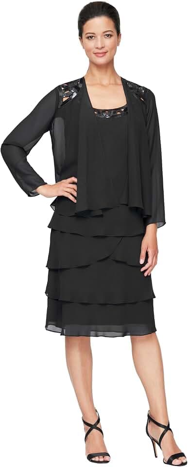 S.L. Fashions Women's Petite Mother of The Bride Jacket Dress with Sequined Cut Out Shoulder