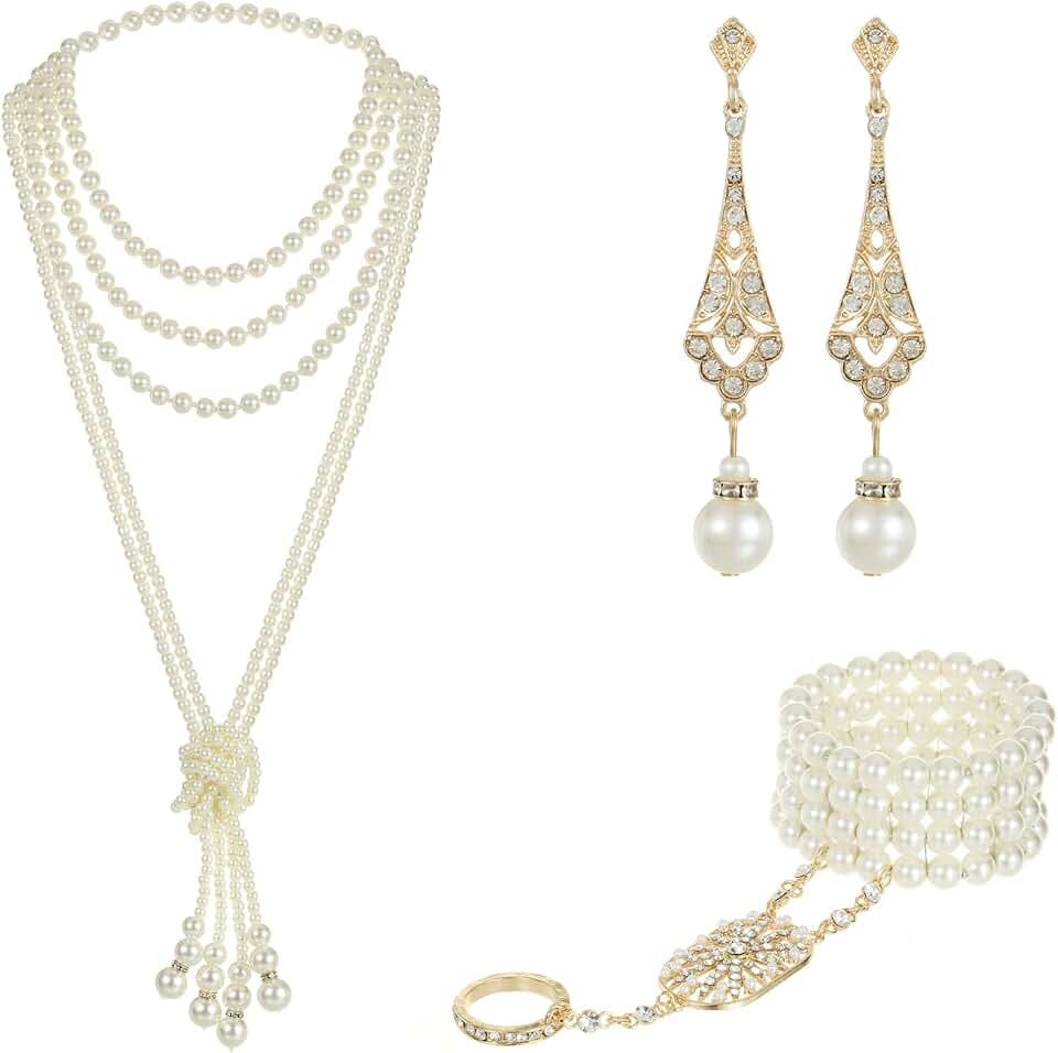 LUBINGSHINE 3pcs Pearl Jewelry Set 1920s Vintage Accessories for Women Long Multilayer Imitation Pearl Necklace Bracelet Earrings Imitation jewellery