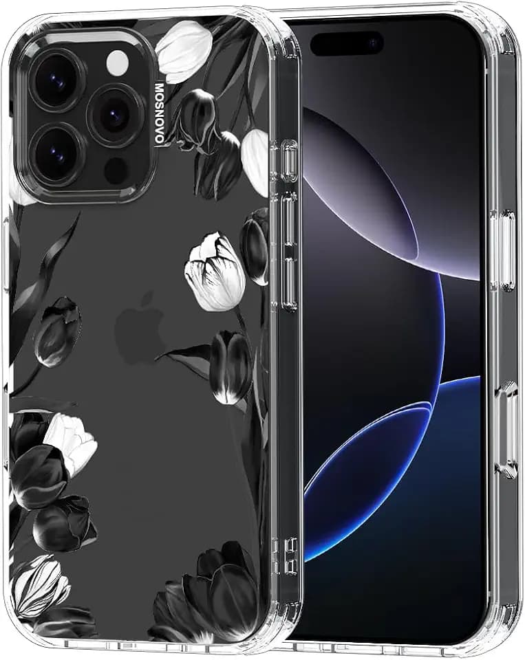 MOSNOVO Case for iPhone 16 Pro Max, [Buffertech 6.6ft Military-Grade Drop Protection] [Anti Peel Off Tech] Clear TPU Bumper Phone Case Cover Design - Black White Tulips