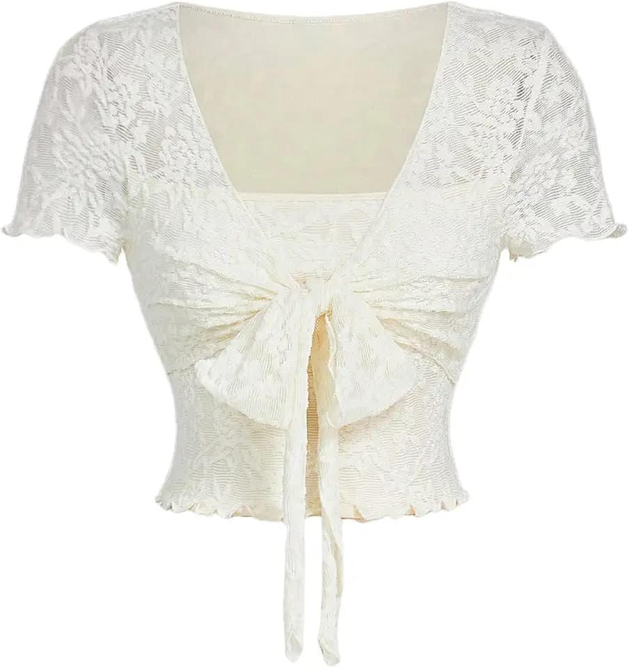 Verdusa Women's Cute Lace Crop Tops Bow Square Neck Tops Short Sleeve Fairy Going Out Crop Tops