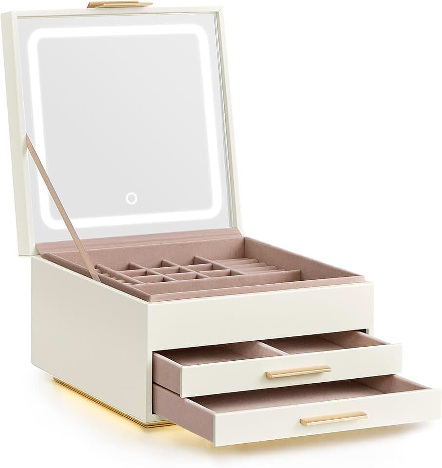 SONGMICS Schmuckkästchen mit Spiegel und Led-Leuchten, Schmuckkasten mit 3 Ebenen, 2 Schubladen, PU, schwebender Sockel, Geschenkidee, 23 x 23 x 14 cm, cremeweiß-goldfarben JBC169W01