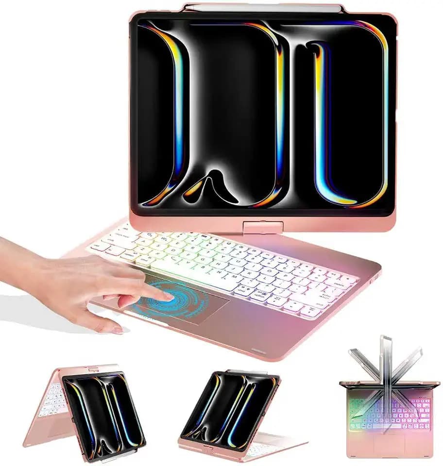 BABG Keyboard Case for iPad Air 13 inch(M3/M2)&iPad Pro 13(M5/M4),iPad Pro 12.9(6th/5th /4th/3rd Gen) Case with Keyboard,360° Rotatable,Toupad,Backlits,Pencil Charging-Light Pink
