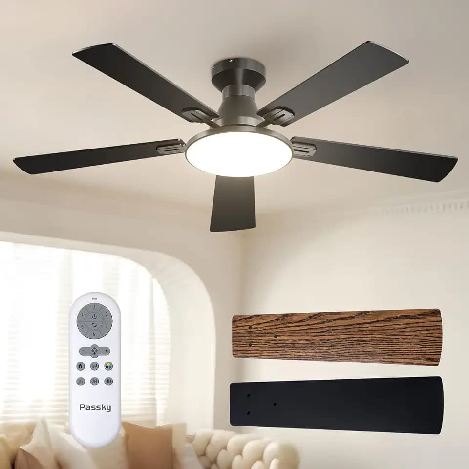 Passky 52 Inch Black Low Profile Ceiling Fans with Lights and Remote