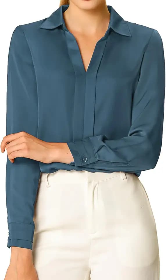 Allegra K Womens Work Tops Business Casual Long Sleeve Silk Satin Blouse