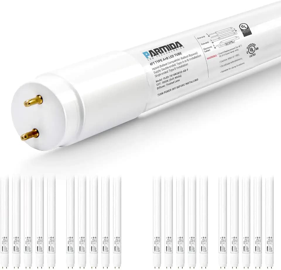 PARMIDA 20-Pack 4FT LED T8 Hybrid Type A+B Light Tube, 18W, Plug & Play or Ballast Bypass, Single-Ended OR Double-Ended Connection, 2200lm, Frosted Cover, T8 T10 T12, UL - 3000K