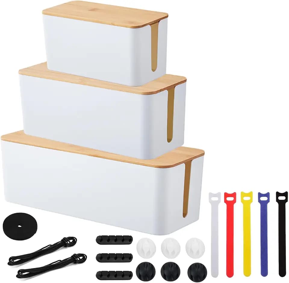 Kabelbox Weiß 3er Set mit Bambus Deckel, 3 Größe Kabelmanagement Box, Kabel Organizer Box, Kabel Aufbewahrungsbox für Kabelorganisation und Verstauung, Groß, Mittel, Klein
