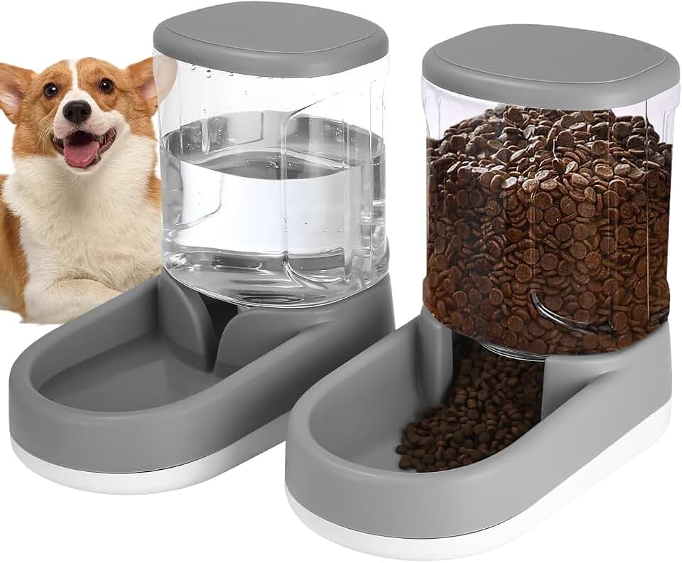 Automatischer Futterspender Katze und Hunde, 2 X 3,8 L | Schwerkraft-Hundefutter und Wasserspender,2 in 1 Katzenfutter,Wasserspender für Kleine,Mittelgroße und große Haustiere (Grau)
