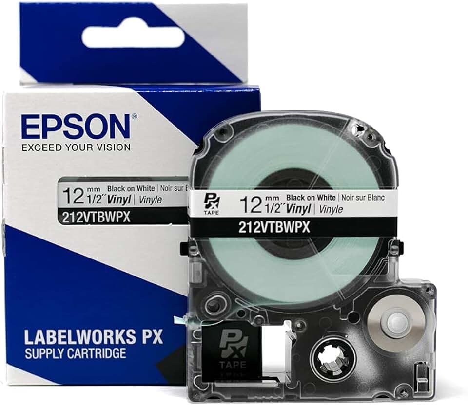 Epson LABELWORKS 212VTBWPX Vinyl Tape - Black on White - 1/2" (12mm)