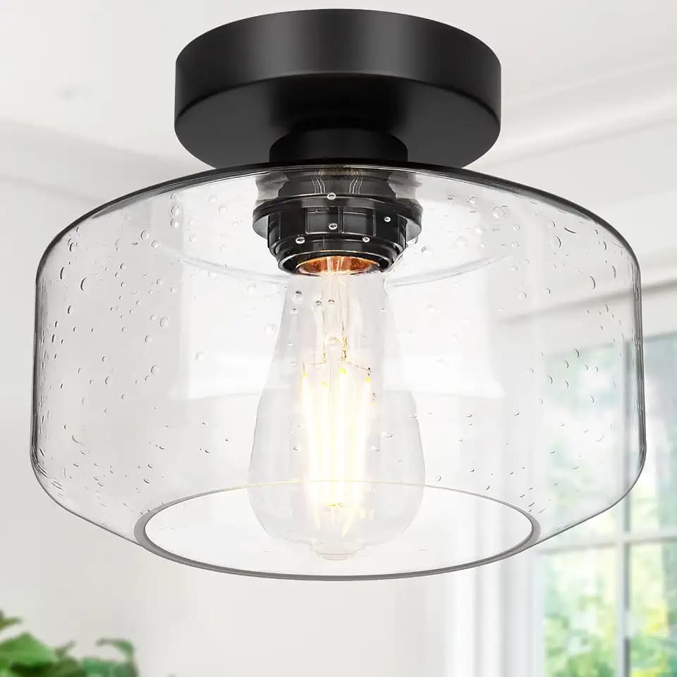 Lynnoland Industrial Farmhouse Semi Flush Mount Ceiling Light, Seeded Glass Shade, Ceiling Mount Light Fixture for Hallway Corridor Kitchen Entryway Passageway Bathroom Bedroom