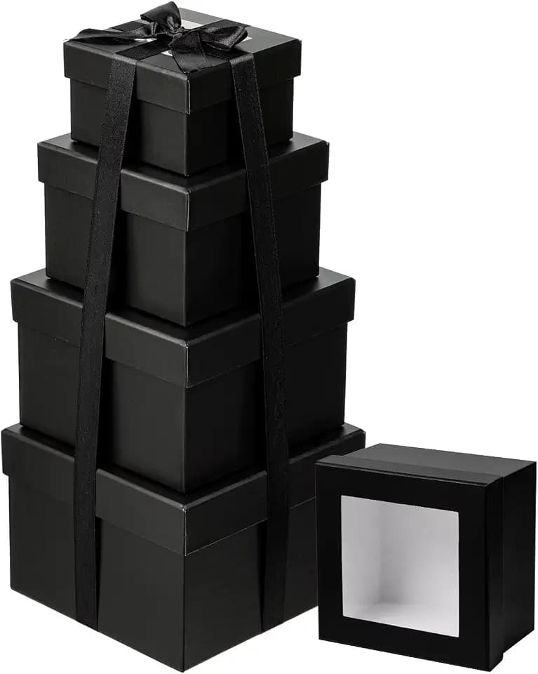 Briful 4er Set Geschenkbox Quadratische Schachtel mit Sichtfenster Aufbewahrungsbox mit Deckel Pappschachteln Schwarzer Geschenkkarton für Geschenke Verpackung