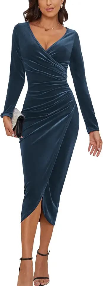CYiNu Women's V Neck Wrap Velvet Long Sleeve Maxi Dress