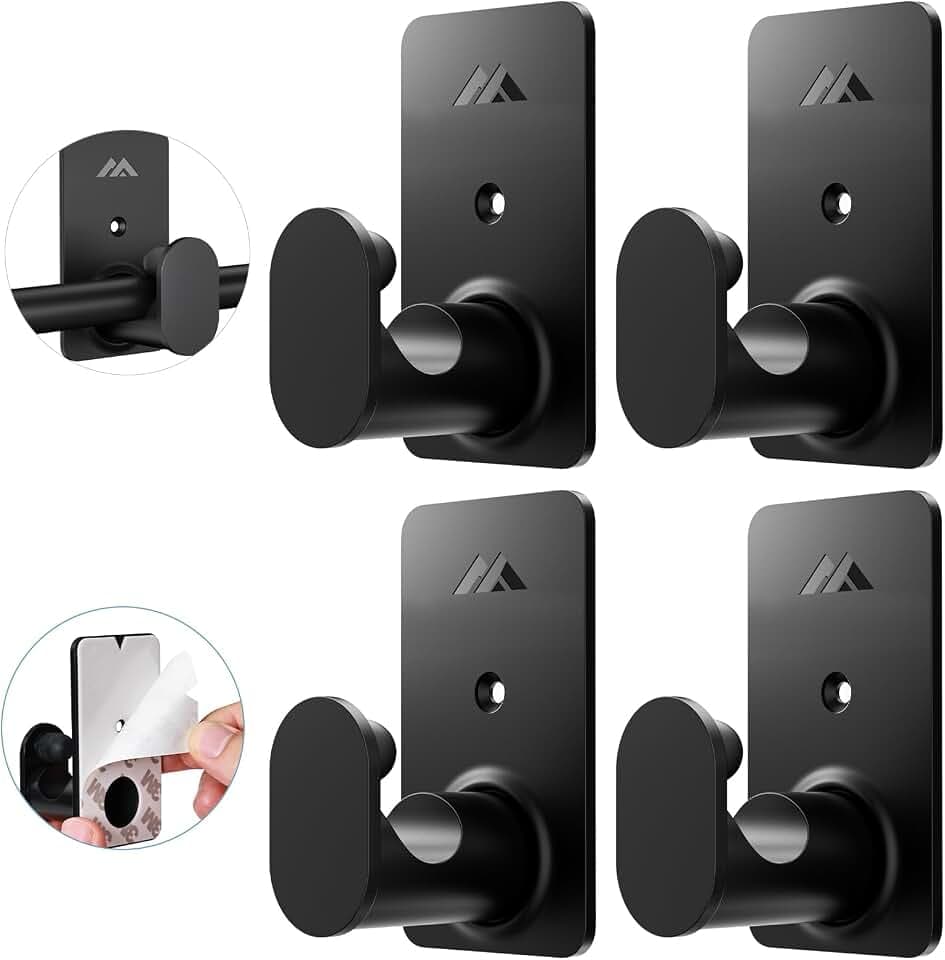 5/8" No Drill Curtain Rod Brackets for Poles Upgrade Adhesive Renter Friendly Nail Free Curtain Rod Hooks No Drilling Curtain Rod Holders Self Adhesive Curtain Rod Hooks Up to 25 lb (4Pcs Black)