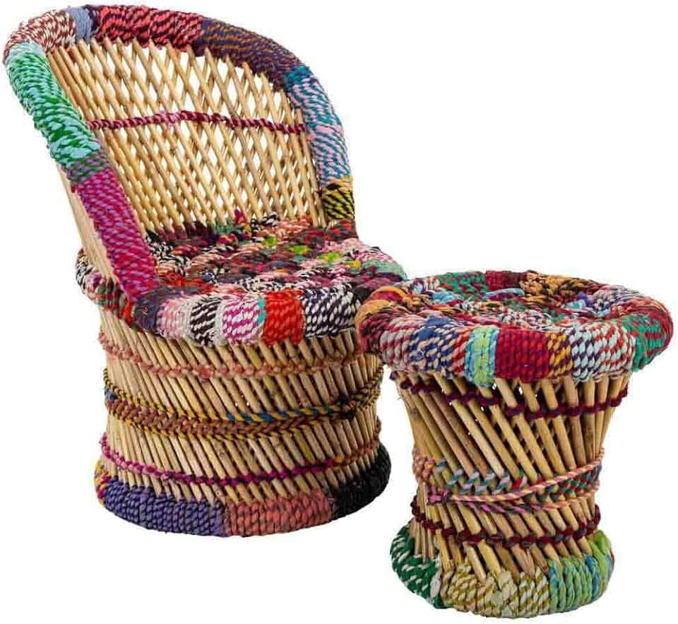 Set Sillon Y Taburete Niño Bambu Y Cuerda De Colores