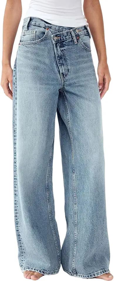 yoeasy Womens Wide Leg Jeans Crossover Waisted Baggy Straight Leg Jeans Loose Trendy Denim Pants with Pockets