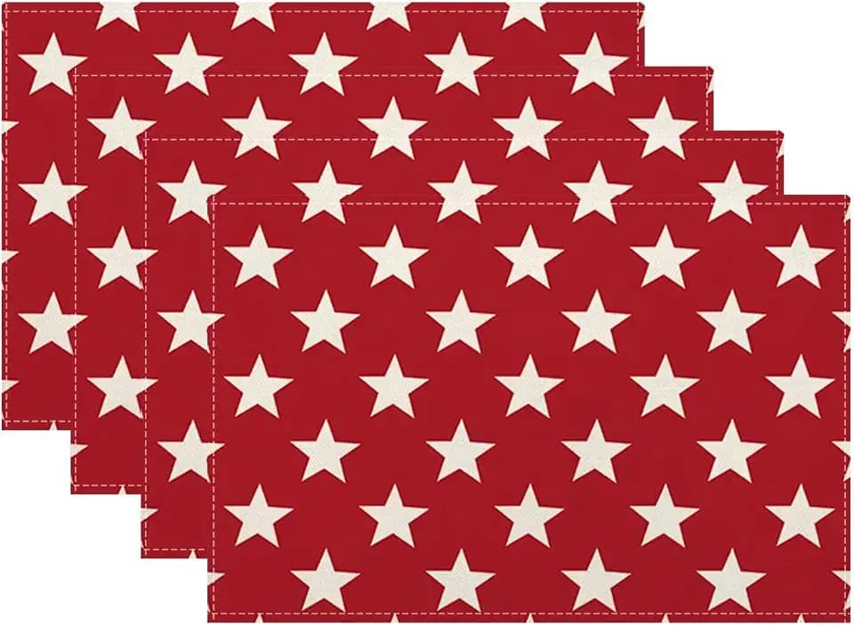 4th of July Placemats Set of 4, Independence Day Red Stars Decorative Table Mat 12 x 18 Inch Heat Resistant Non Slip Line Fabric Patriotic Place mat for Holiday Party Kitchen Dining