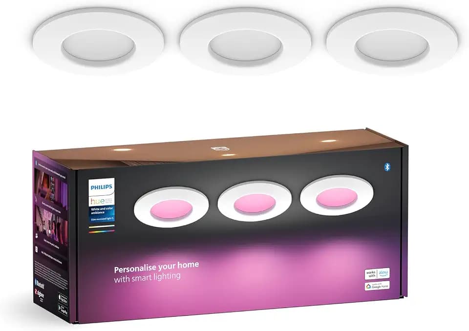 Philips Hue Smart Slim Einbauleuchte 3er Pack, 90 mm, Weiß & Farbiges Licht, Bluetooth kompatibel, Sprachsteuerung mit Alexa, Apple Home & Google Assistant, weiß
