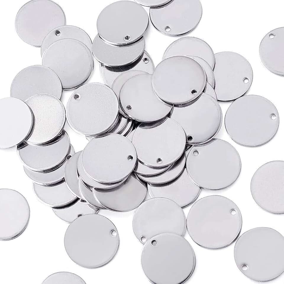 PandaHall 50Pcs Edelstahl Runde Scheibe Blank Stamping Tag Charms 23x1mm Metall Tag Anhänger mit 1mm Loch