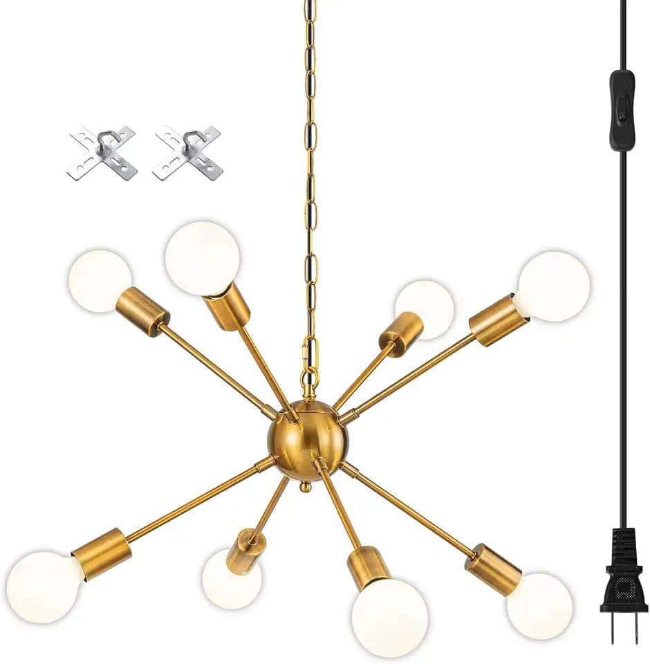 SineRise Plug-in Sputnik Chandeliers Gold, 8 Lights Modern Sputnik Lighting Fixture with Adjustable Height for Dining Room, Living Room, Kitchen, Bedroom and Hallway