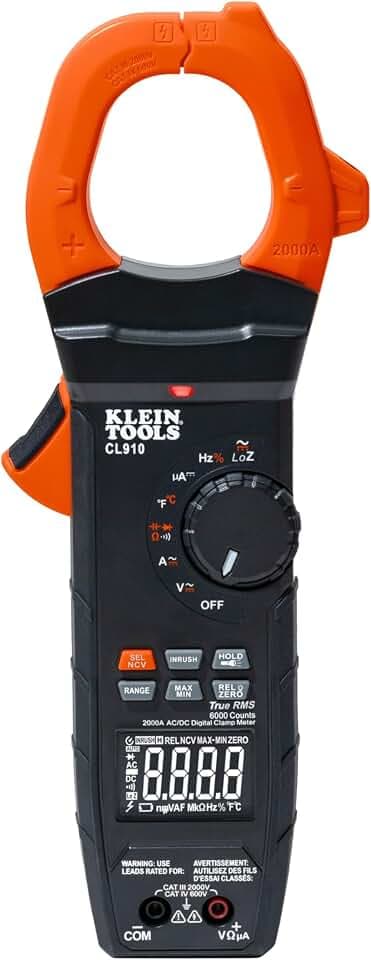 Klein Tools CL910 2000V 2000A AC/DC Auto-Ranging Digital Clamp Meter with TRMS, Worklight, Backlit Display, Solar Panel Wind Turbine High Voltage Testing