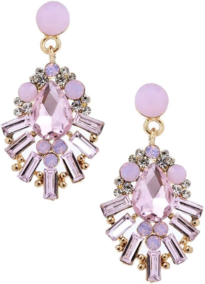 Gold Tone Antique Vintage Retro Art Deco Style Pink Rhinestone Dangle Wedding Bridal Prom Bridesmaid Cluster Earrings