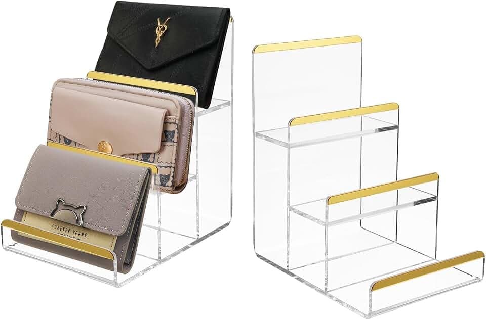 2 Pack 3-Tier Purse Display Stands, Acrylic Wallet Holder Risers Stand, 2-Inch Spacing Clear Clutch Rack Handbag Display Shelf, 4MM Thick Counter Wallet Organizer for Figure Sunglasses Retail Vendor
