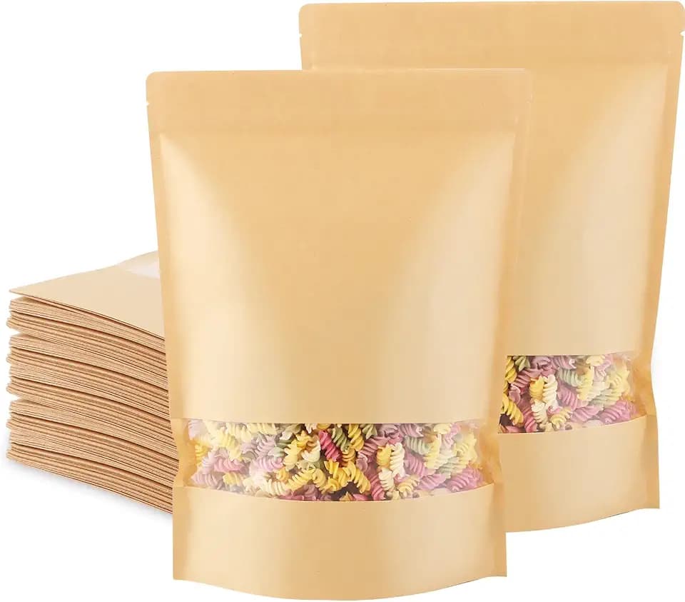 SENENQU 50 Stück Papiertüten Mit Fenster, 25×35CM Standbodenbeutel Kraftpapier, Geschenktaschen Kraftpapiertüten Mit Klarem Fenster für Nüsse Und Lebensmittel Verwendet