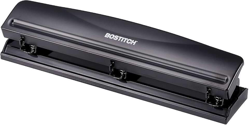 Bostitch Office 3 Hole Punch, Durable Metal, Rubber Base, 12 Sheets, Black