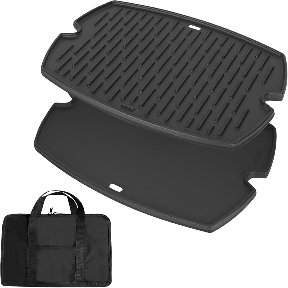 Outspark 7582 Grill Griddle for Weber Q1000 Q1200 Q1400 Q100 Q120 Q140 Series, 50060001 51060001 52020001 386001 386002,Cast Iron Cooking Pan for Weber Baby Q Accessories, with Carry Bag