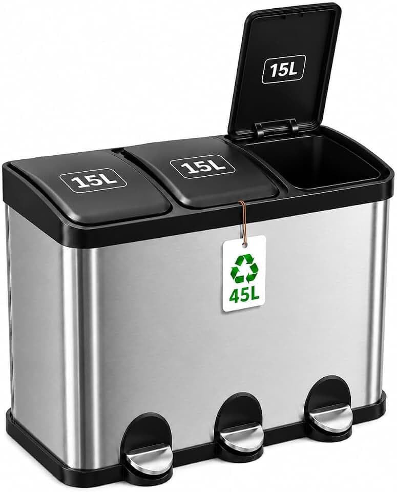 Amig - Dreifacher Mülleimer mit Pedalen 45 Liter - Mod. RECIK3-3 herausnehmbare 15-Liter-Fächer - Recyclingbehälter für die Küche - Edelstahl - 60 x 37 x 49 cm - Silber