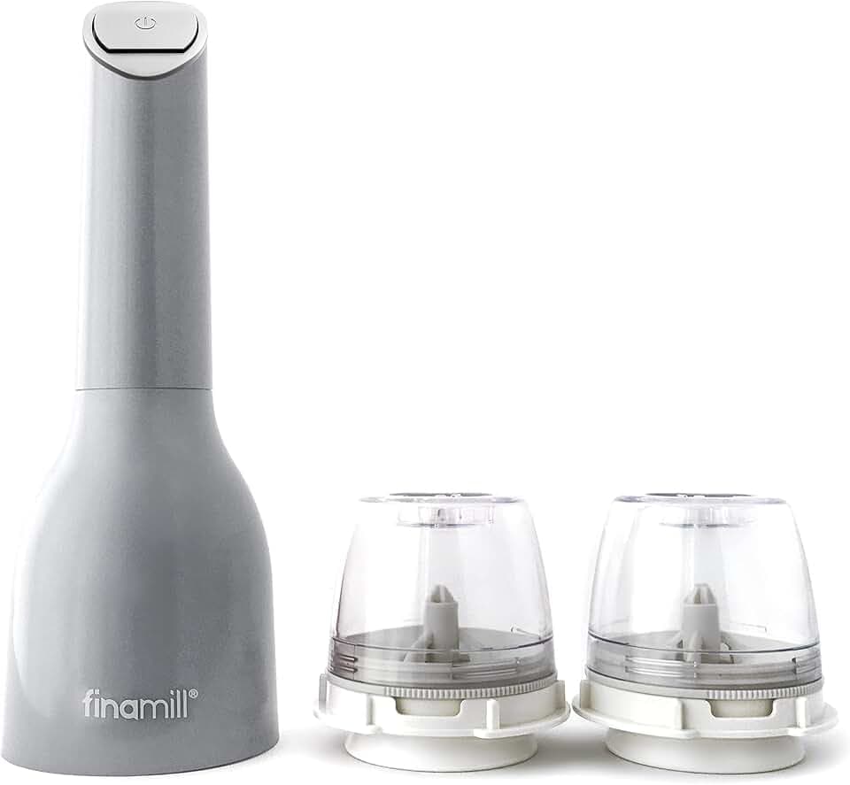 FinaMill Preisgekrönte batteriebetriebene Pfeffermühle & Gewürzmühle in einem, einstellbare Grobheit, Keramik-Mahlelemente, One-Touch-Bedienung mit LED-Licht, inklusive 2 schnell wechselbaren PROPlus