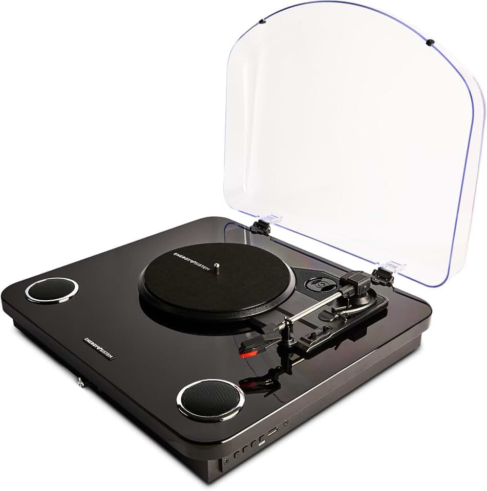 Energy Sistem Blackspin Bluetooth Plattenspieler mit Lautsprechern 10W Vinyl Turntable 33 45 78 RPM Riemenantrieb USB Aufnahme RCA Bluetooth In Out Auto Stop für Zuhause schwarz